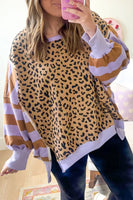 Leopard Striped Patchwork Plus Size Loose Sweatshirt (S-4X): Brown