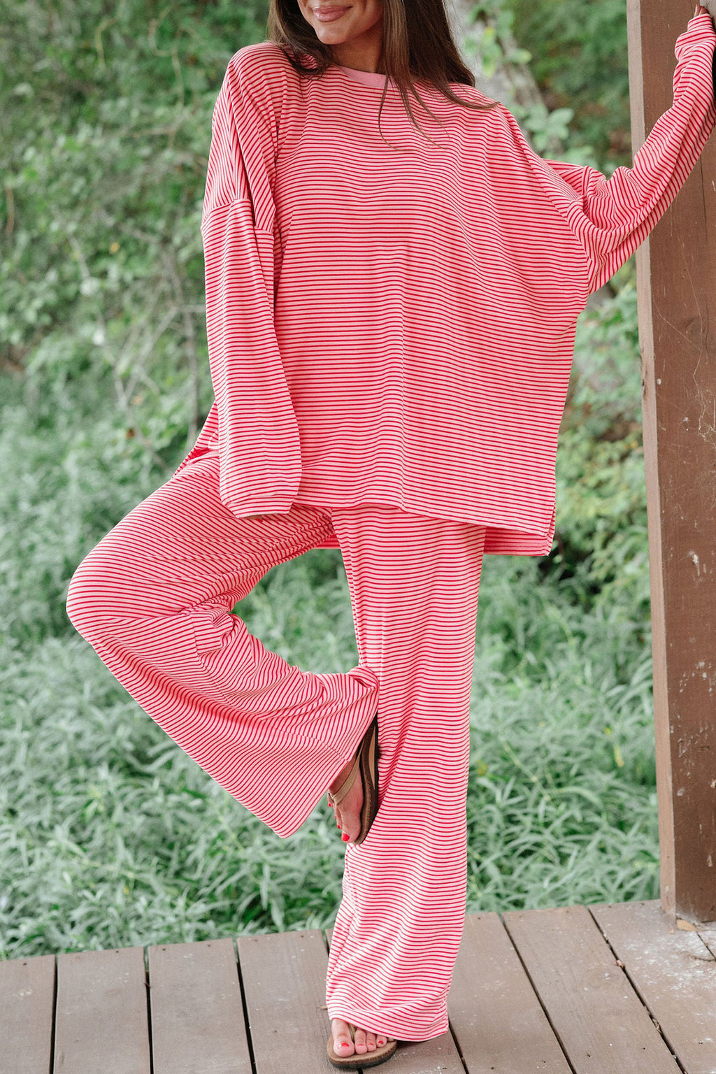 Pink Striped Drop Shoulder Long Sleeve Top and Pant Set