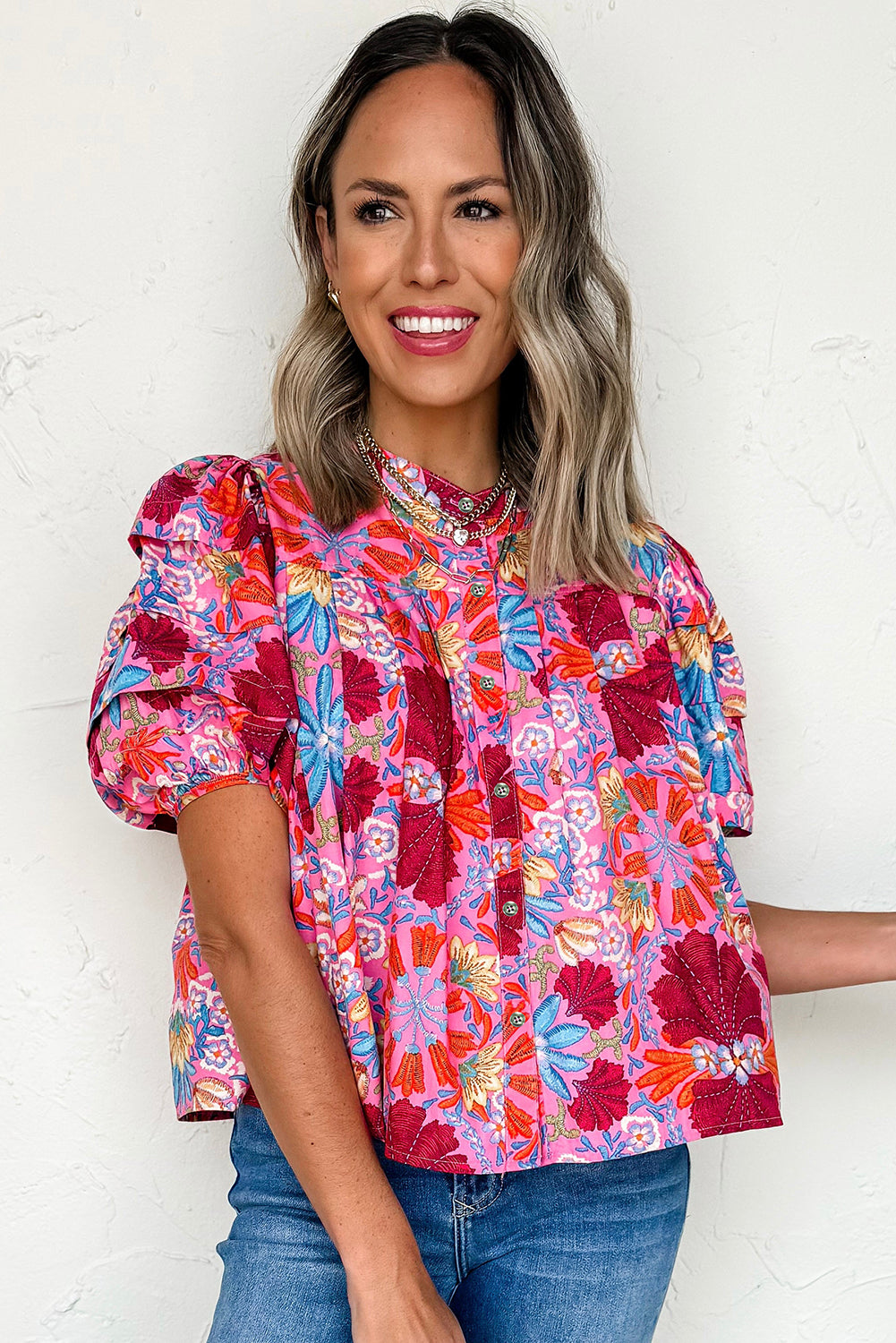 Pink Floral Bubble Sleeve Shirt