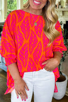 Rose Leafy Printed Smocked Lantern Sleeve Plus Size Blouse: Rose / 100%Polyester / 4X