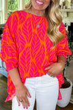 Rose Leafy Printed Smocked Lantern Sleeve Plus Size Blouse: Rose / 100%Polyester / 4X