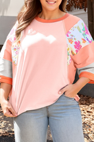 Plus Size Floral Print Patchwork Raglan Half Sleeve Top: Orange / Plus Size / 3X