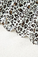 Khaki Plus Size Button V Neck Leopard Print Puff Sleeve Loose Mini Dress