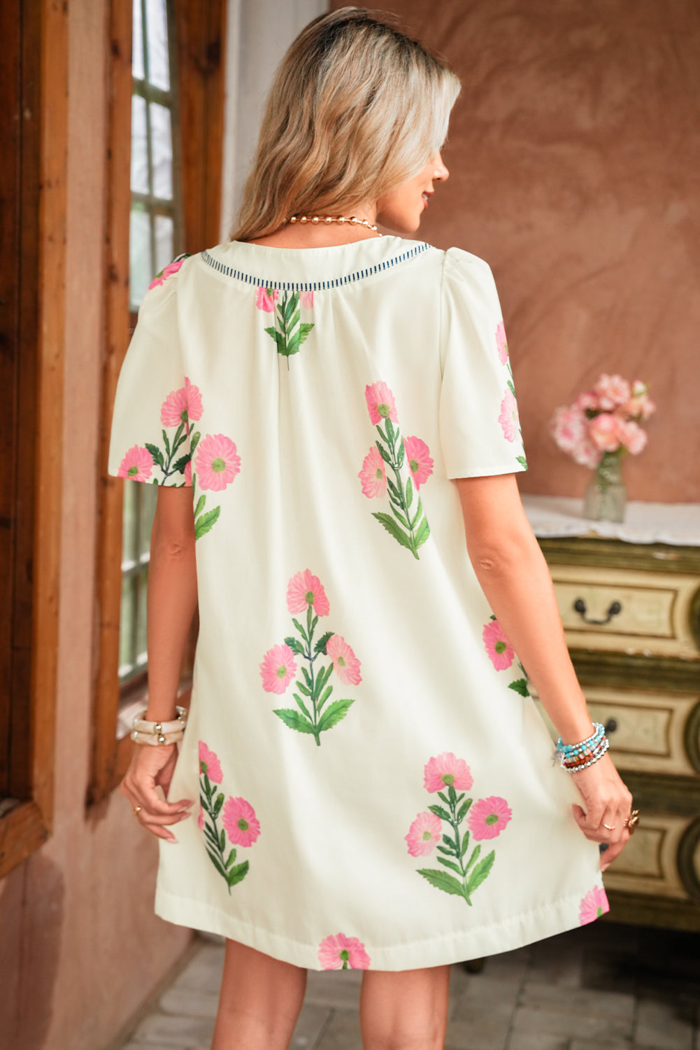 Apricot Striped Floral Mini Dress