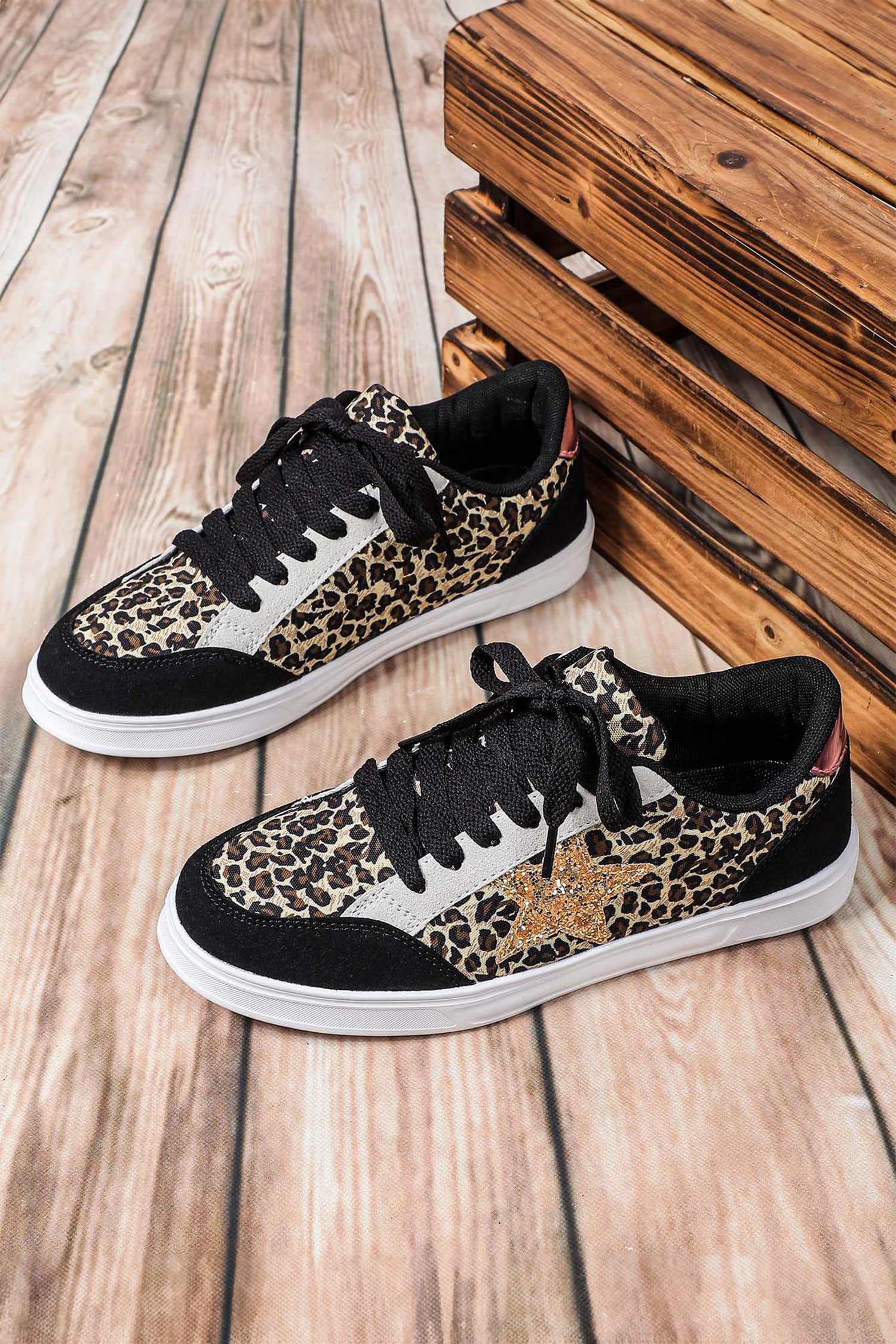 Black Glitter Star Patchwork Lace-up Flat Shoes