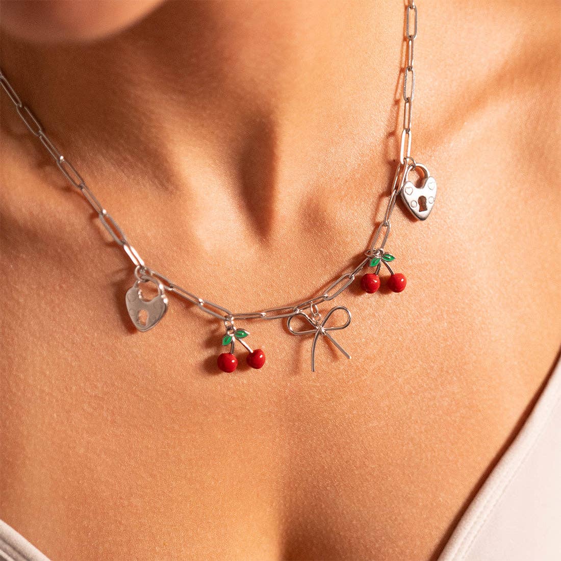 18K Gold PVD Stainless Steel Red Cherry Fruit Charm: Gold