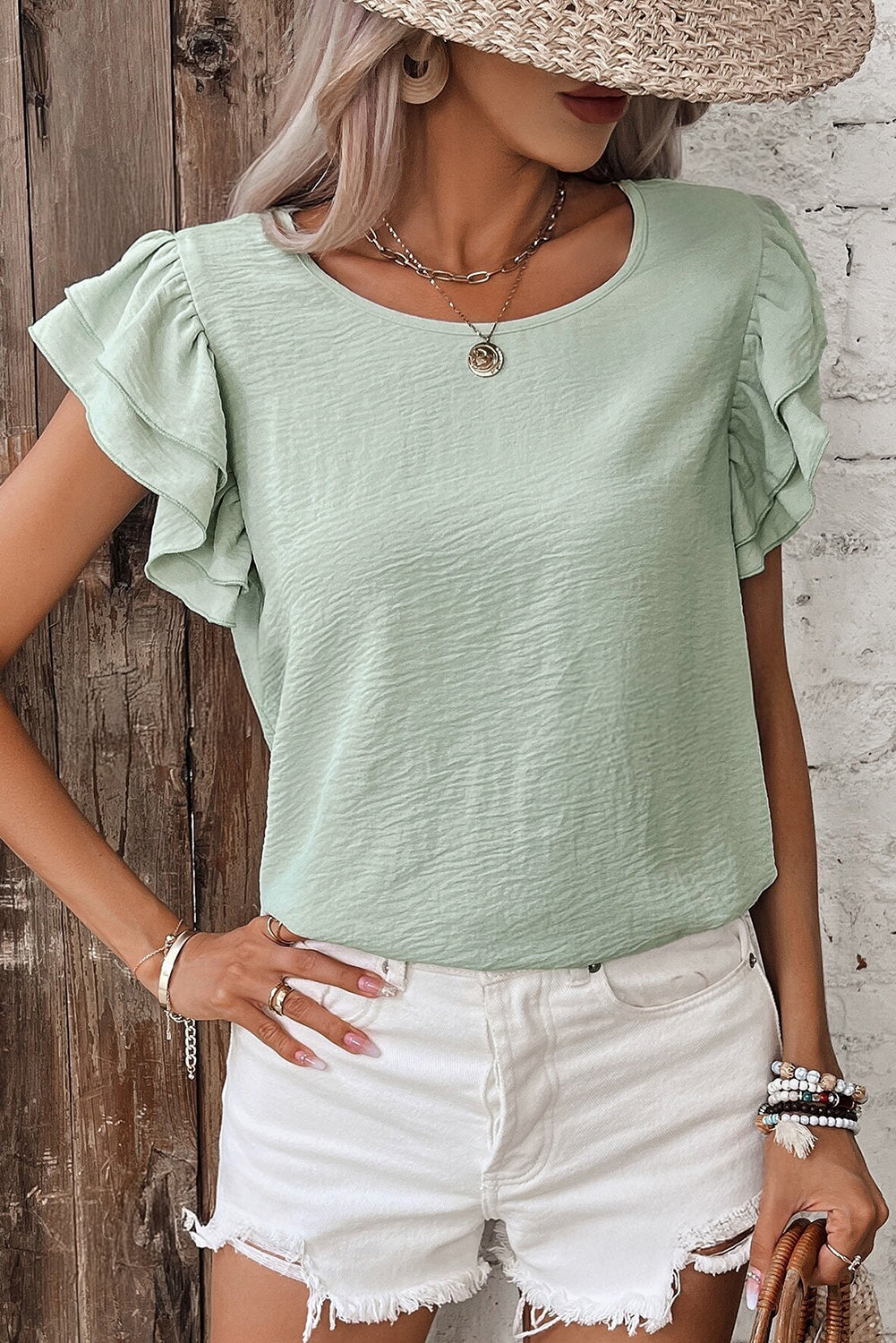 Aqua Ruffle Sleeve Crinkled Blouse