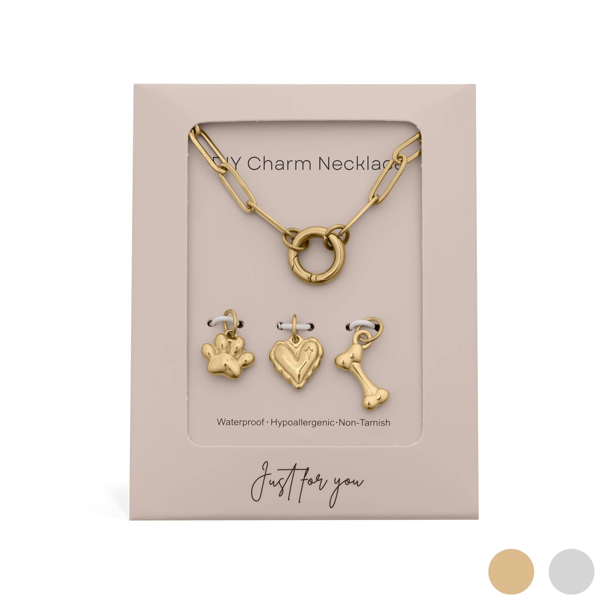 18K Gold Stainless Steel Pet Charm Holder Necklace Gift Set: Gold