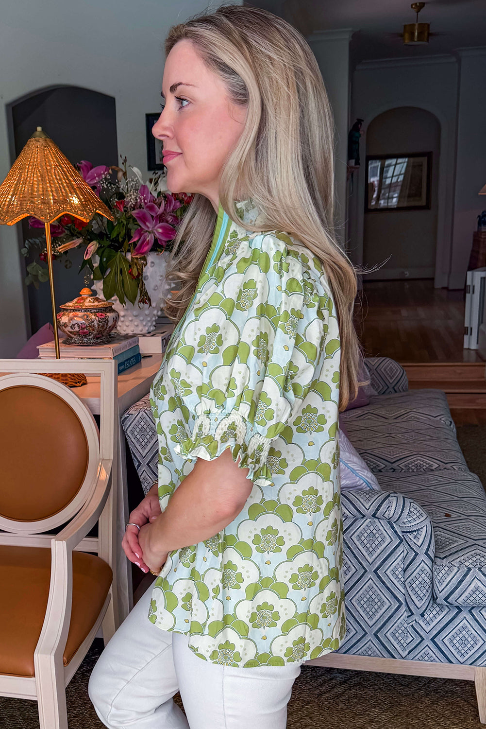 Green Floral Print Smocked Short Sleeve Summer Blouse