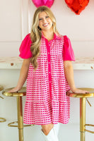 Pink Gingham Button-Up Dress: Pink / M