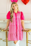 Pink Gingham Button-Up Dress: Pink / M
