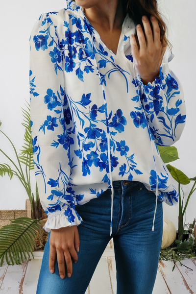 Floral Long Sleeve Lace-up V Neck Blouse (S-XL): Blue / Missy