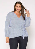 Nurode's Plus Size Stripe Wrap Blouse in Blue: Blue / 3XL