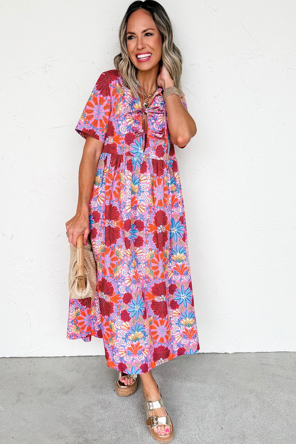 Rose Floral Print Tie Front Midi Dress