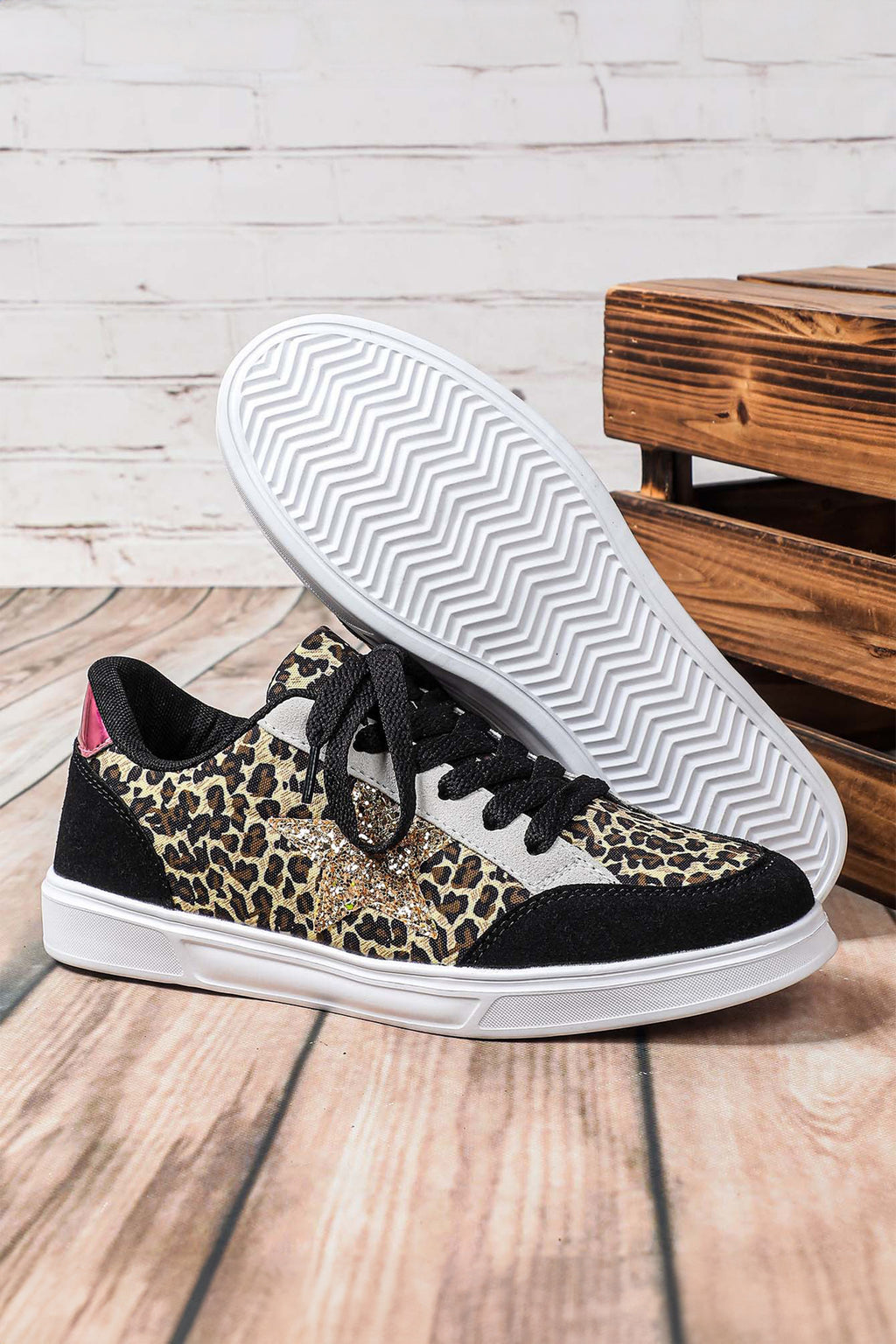 Black Glitter Star Patchwork Lace-up Flat Shoes