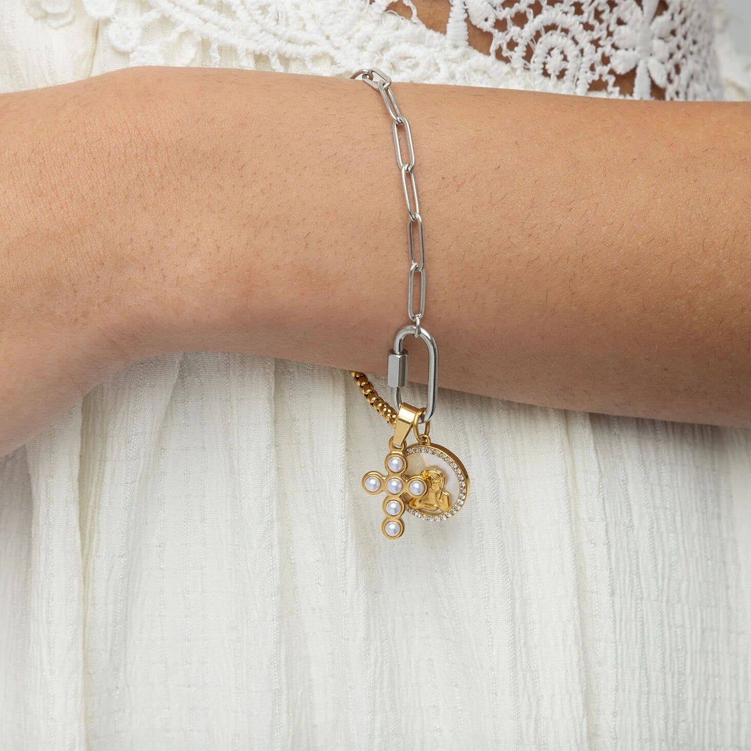 Mixed Metal Split Chain Paperclip Carabiner Bracelet: Mixed Metal