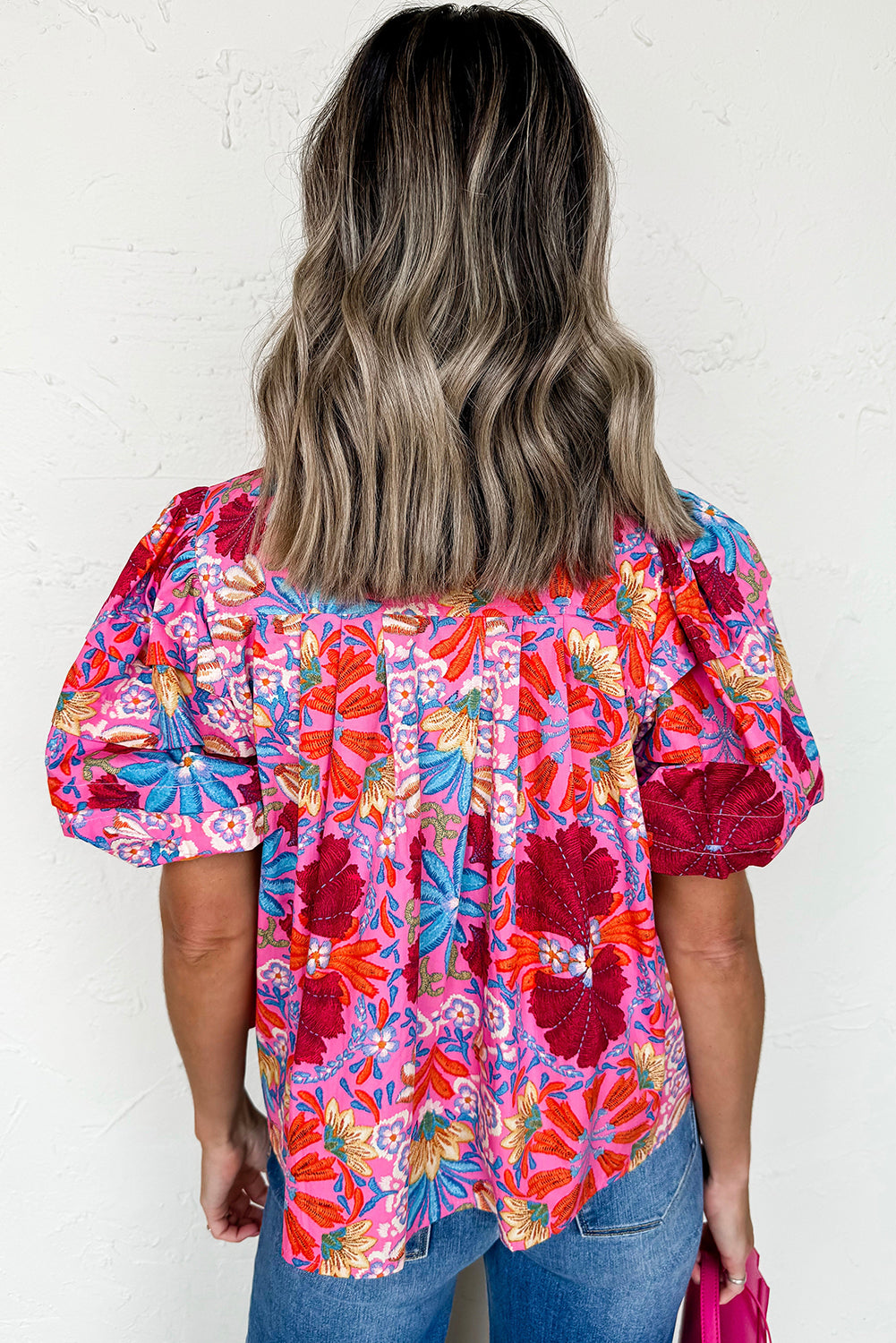 Pink Floral Bubble Sleeve Shirt