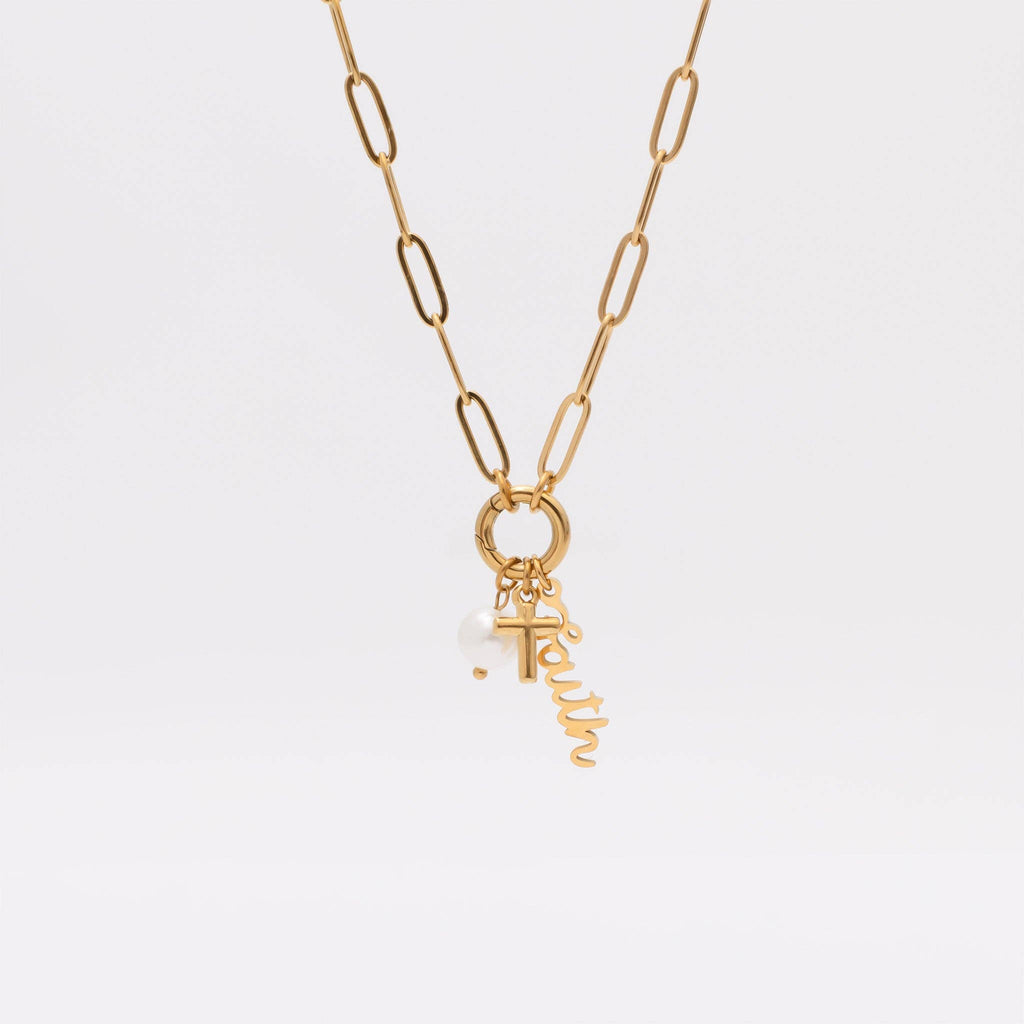 Gold Stainless Steel Faith Charm Holder Necklace Gift Set: Stainless