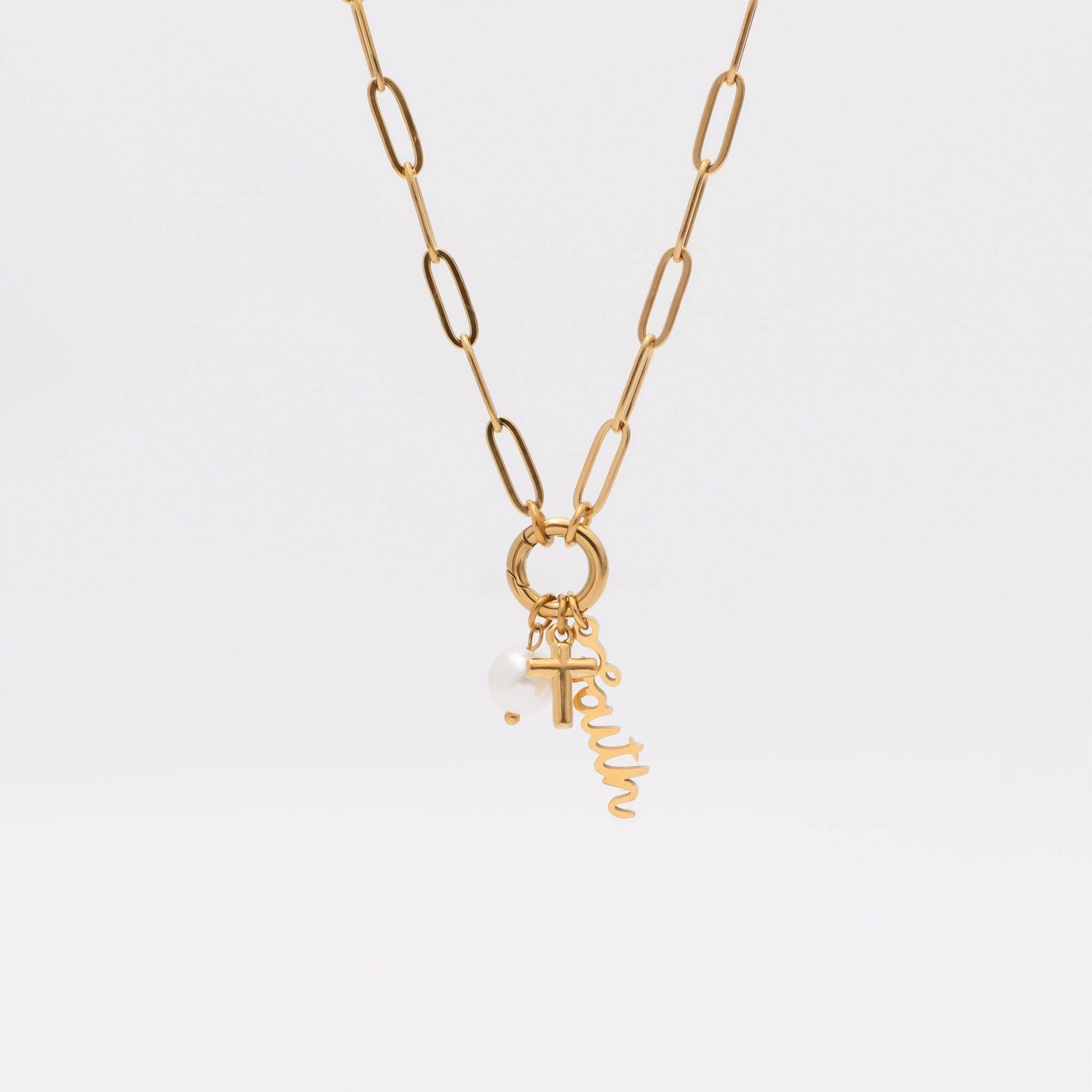 Gold Stainless Steel Faith Charm Holder Necklace Gift Set: Stainless