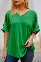 Plus Size Seamed Back High Low Hem V Neck Cuffed Sleeve Tee: Green / Plus Size / 4X