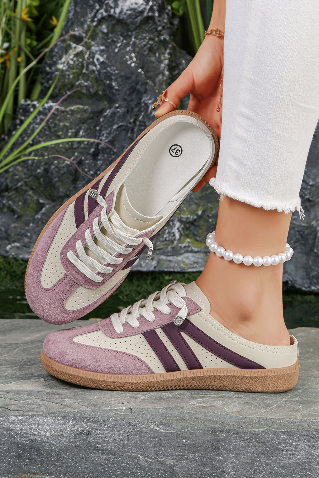 Pink Eyelet Patchwork Slip-on Sneakers