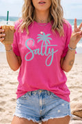 Rose Red Salty Palm Tree Printed Beach Vacation Casual T Shirt