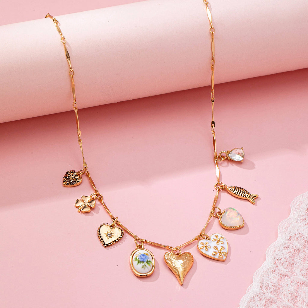 CHARM NECKLACE-HEARTS PORCELAIN FISH RHINESTONE | 80N92690: GOLD