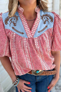 Red Western Horse Embroidered Puff Sleeve Gingham Blouse