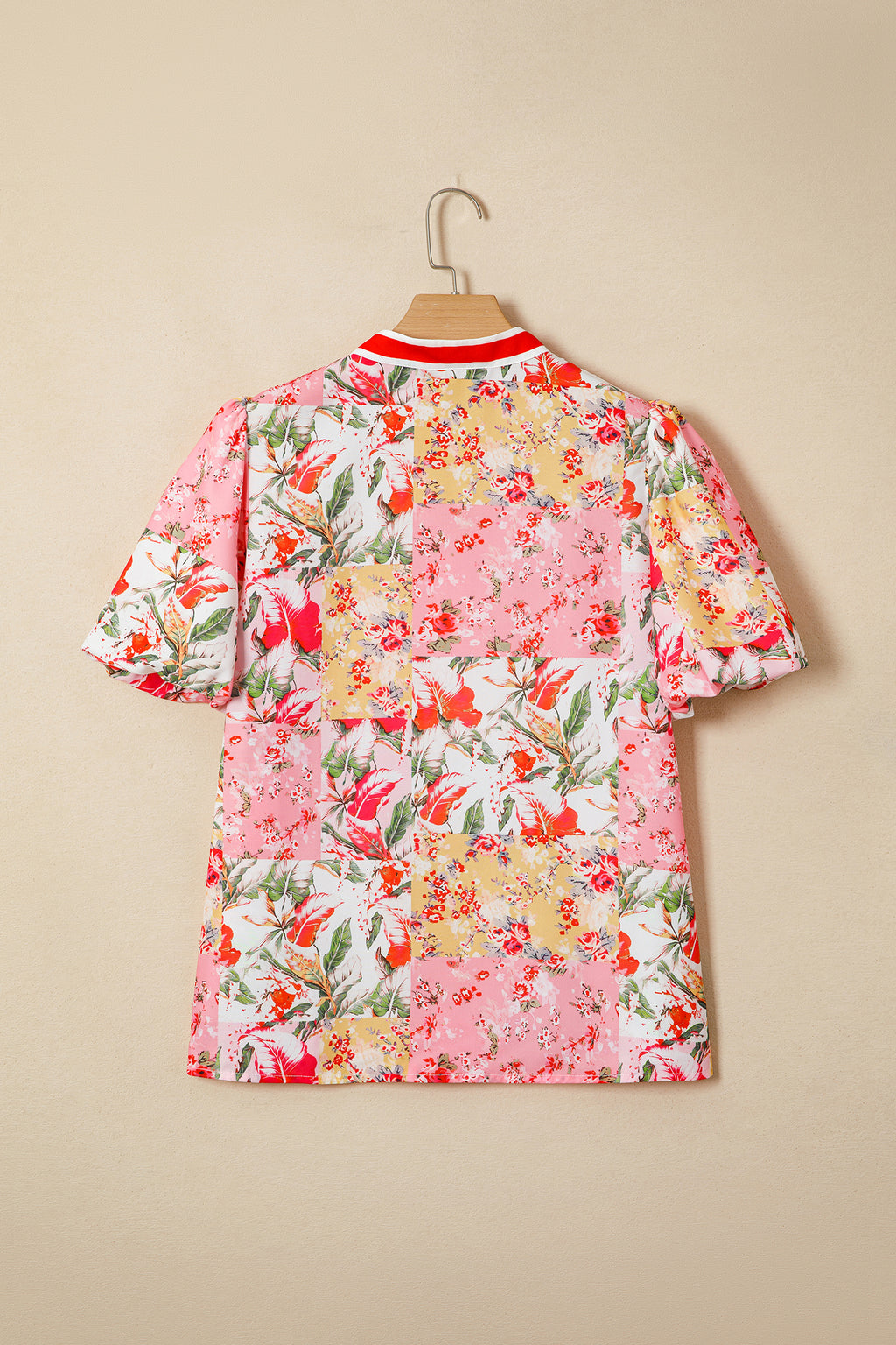 Pink V Neck Short Sleeve Floral Blouse