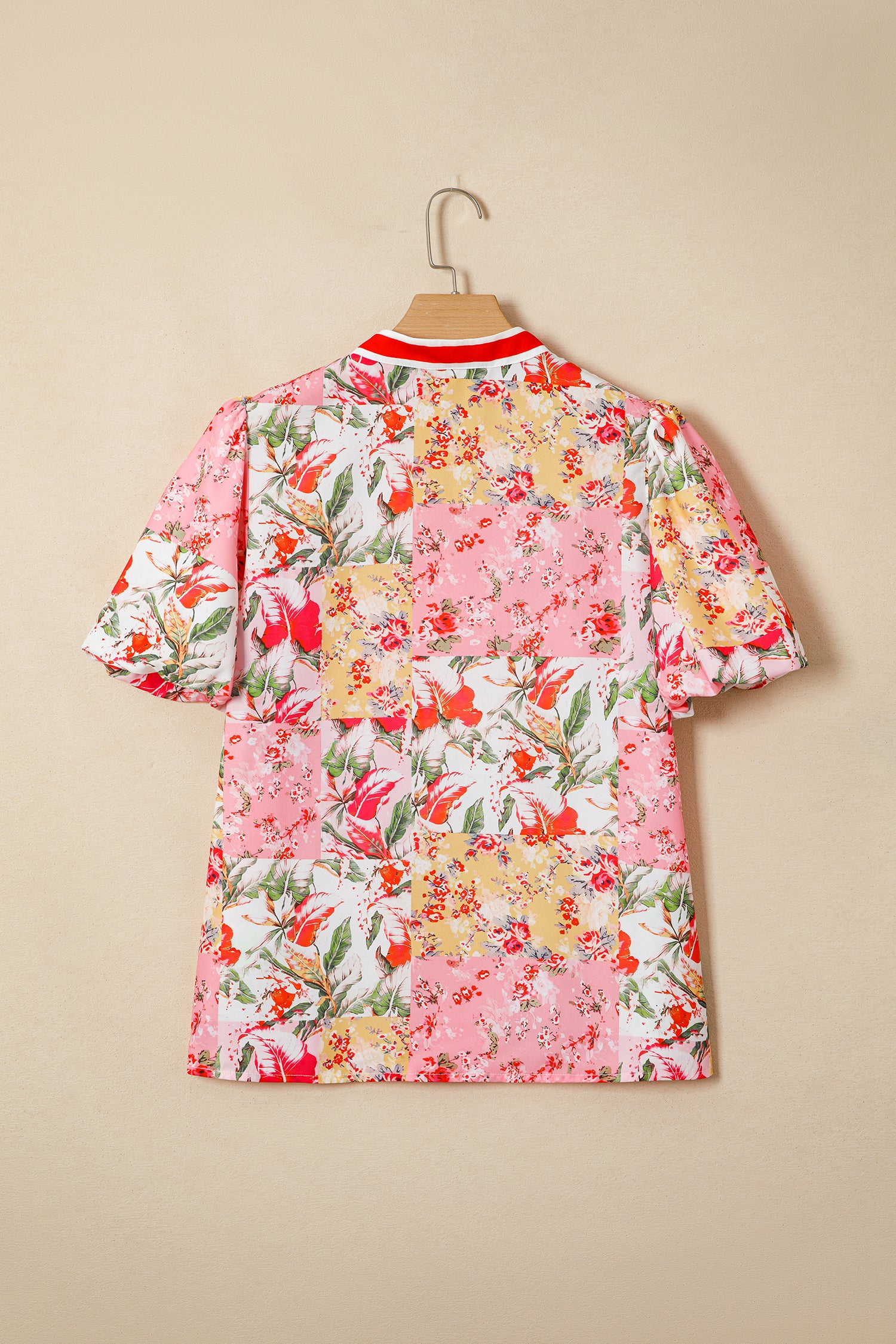 Pink V Neck Short Sleeve Floral Blouse