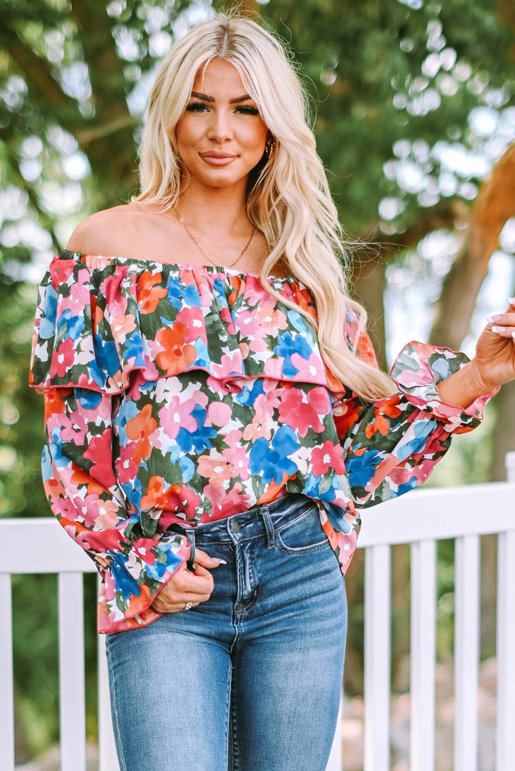 Bohemian Floral Ruffle Off Shoulder Blouse