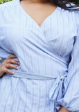 Nurode's Plus Size Stripe Wrap Blouse in Blue: Blue / 3XL