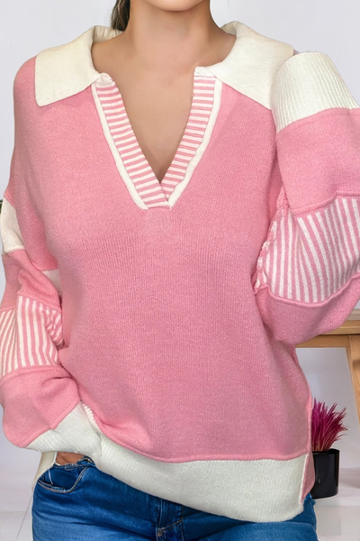 Striped V Neck Collared Colorblock Patchwork Sweater (S-XL): Pink / Missy