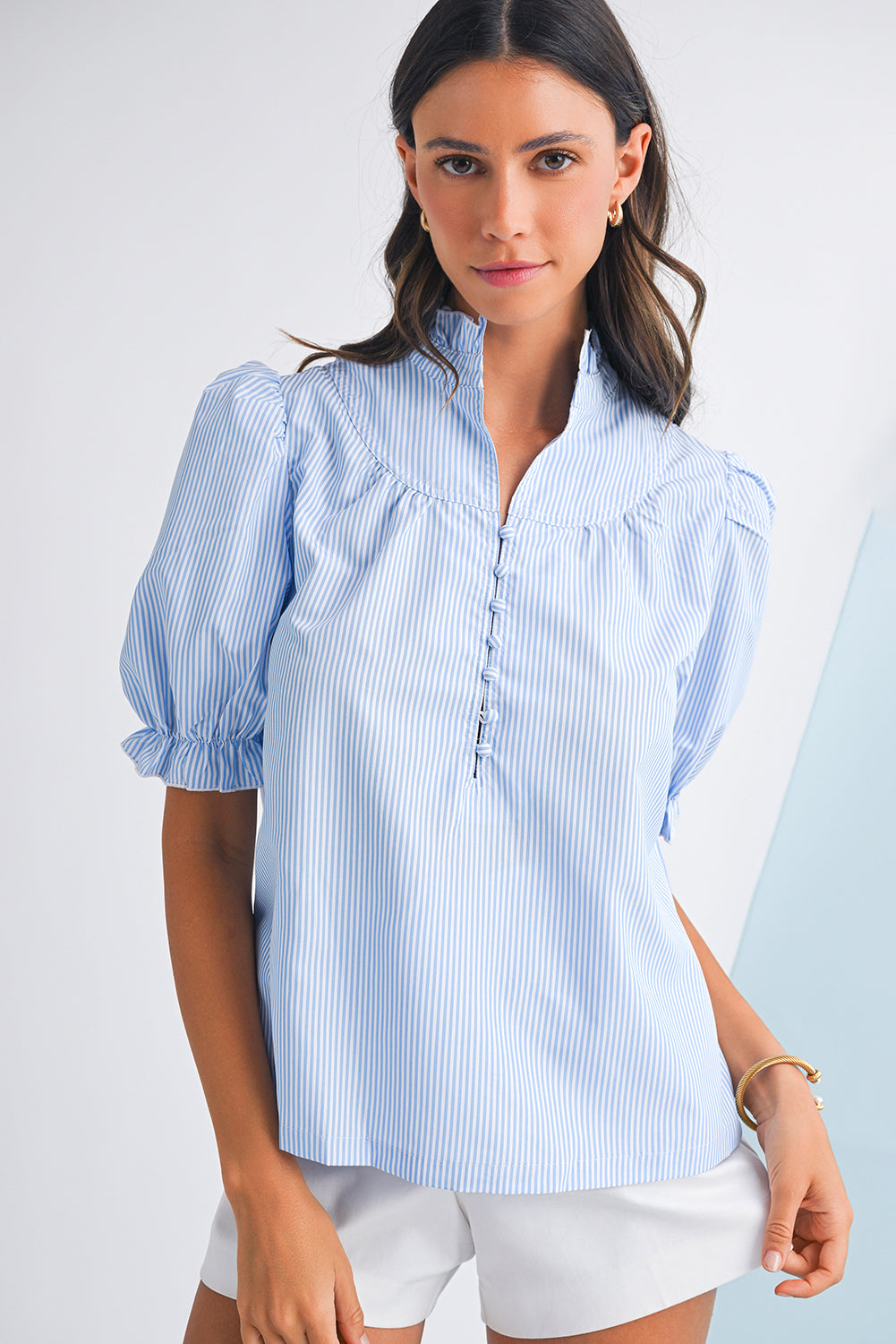Sky Blue Striped Frill Blouse