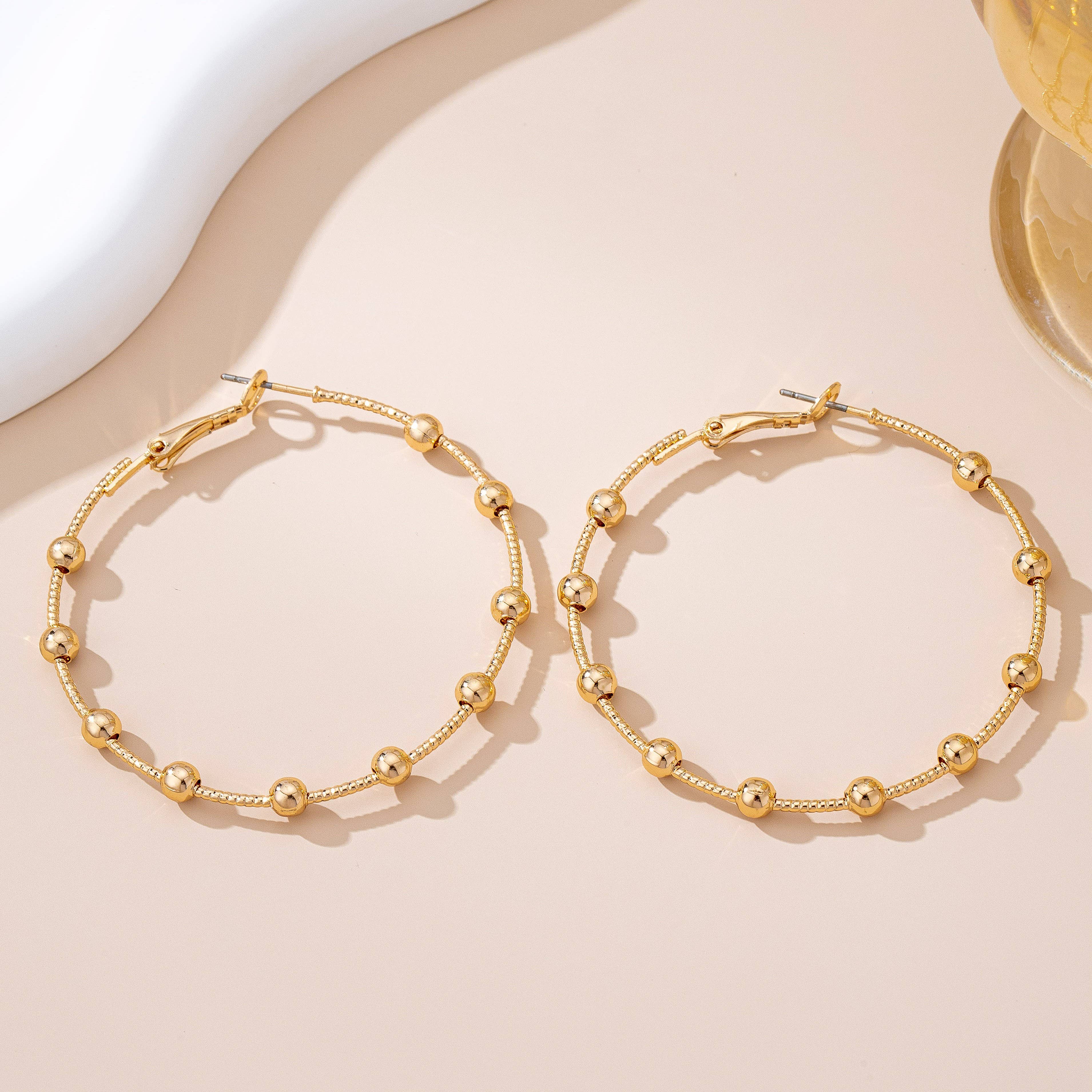 Classic Gold Ball Beaded Station Hoop Earrings | 80E61576: GOLD
