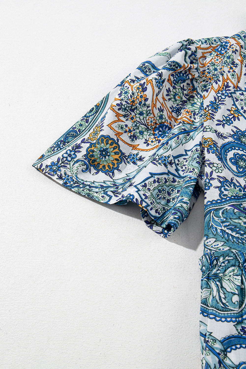 Blue Bohemian Paisley Floral Puff Sleeve Mini Dress