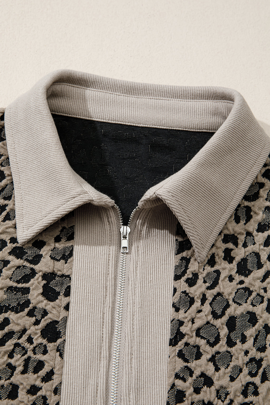 Beige Zip up Collared Leopard Sleeve Top