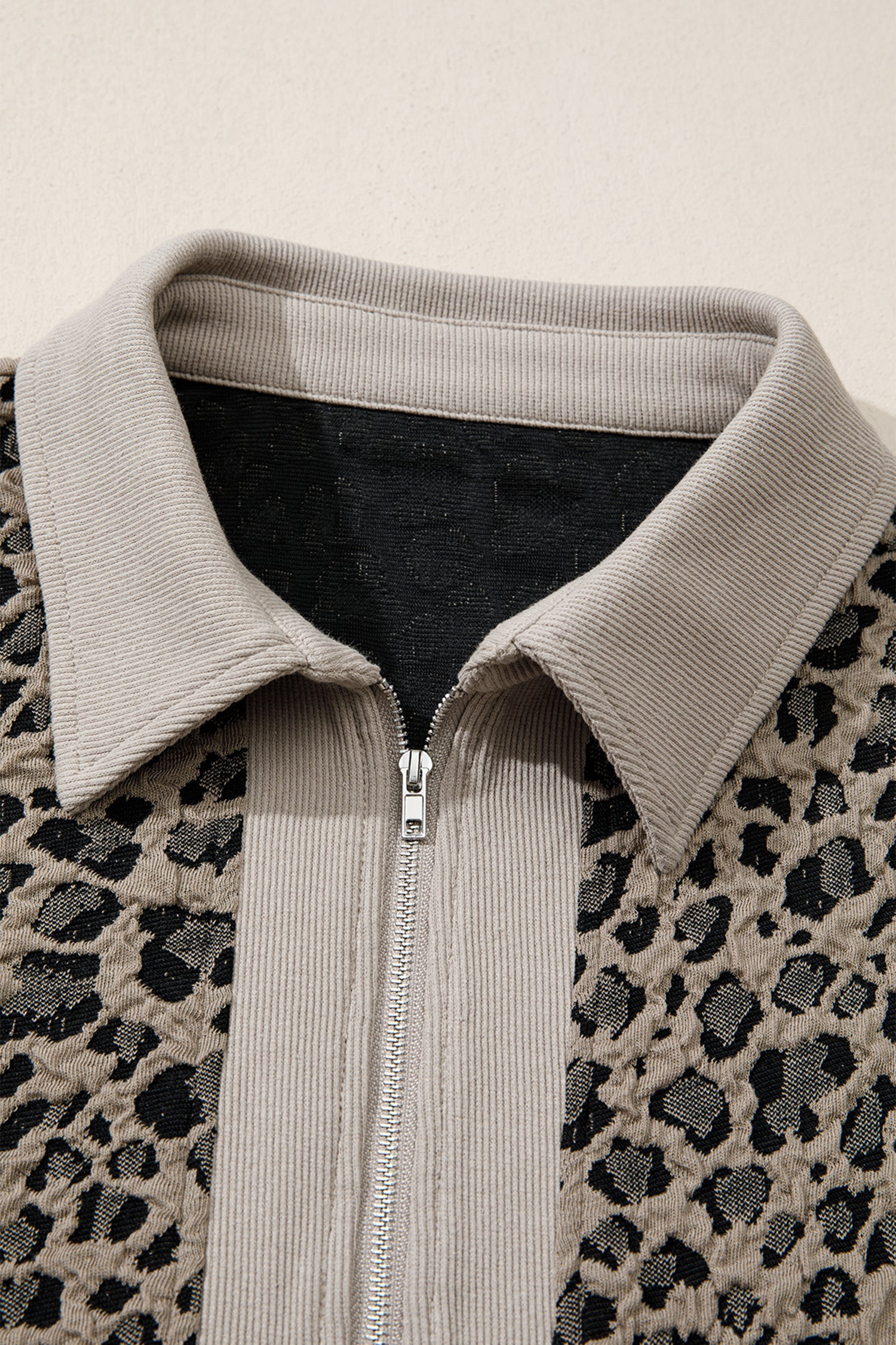 Beige Zip up Collared Leopard Sleeve Top