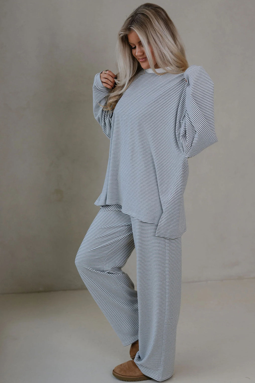 Pink Striped Drop Shoulder Long Sleeve Top and Pant Set