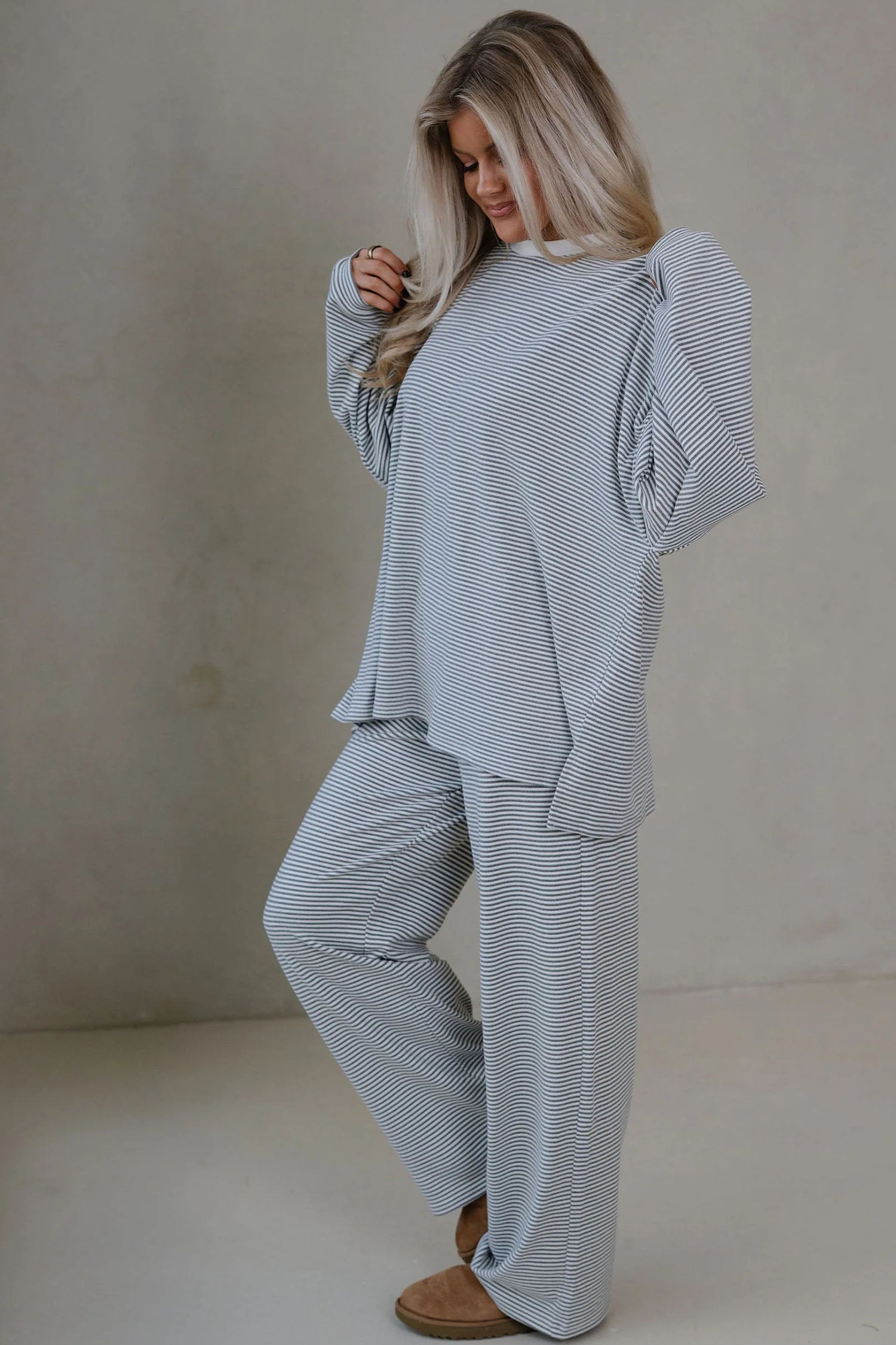Pink Striped Drop Shoulder Long Sleeve Top and Pant Set