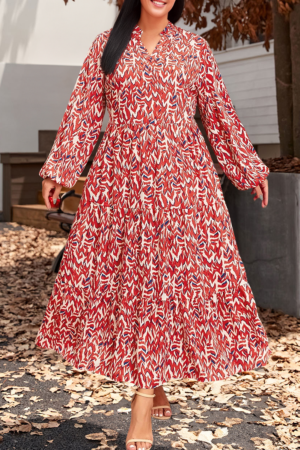 Plus Size Abstract Print Notch V Neck High Waist Maxi Dress: Orange