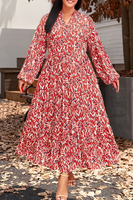 Plus Size Abstract Print Notch V Neck High Waist Maxi Dress: Orange
