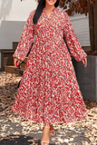 Plus Size Abstract Print Notch V Neck High Waist Maxi Dress: Orange