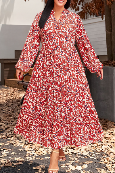 Plus Size Abstract Print Notch V Neck High Waist Maxi Dress: Orange