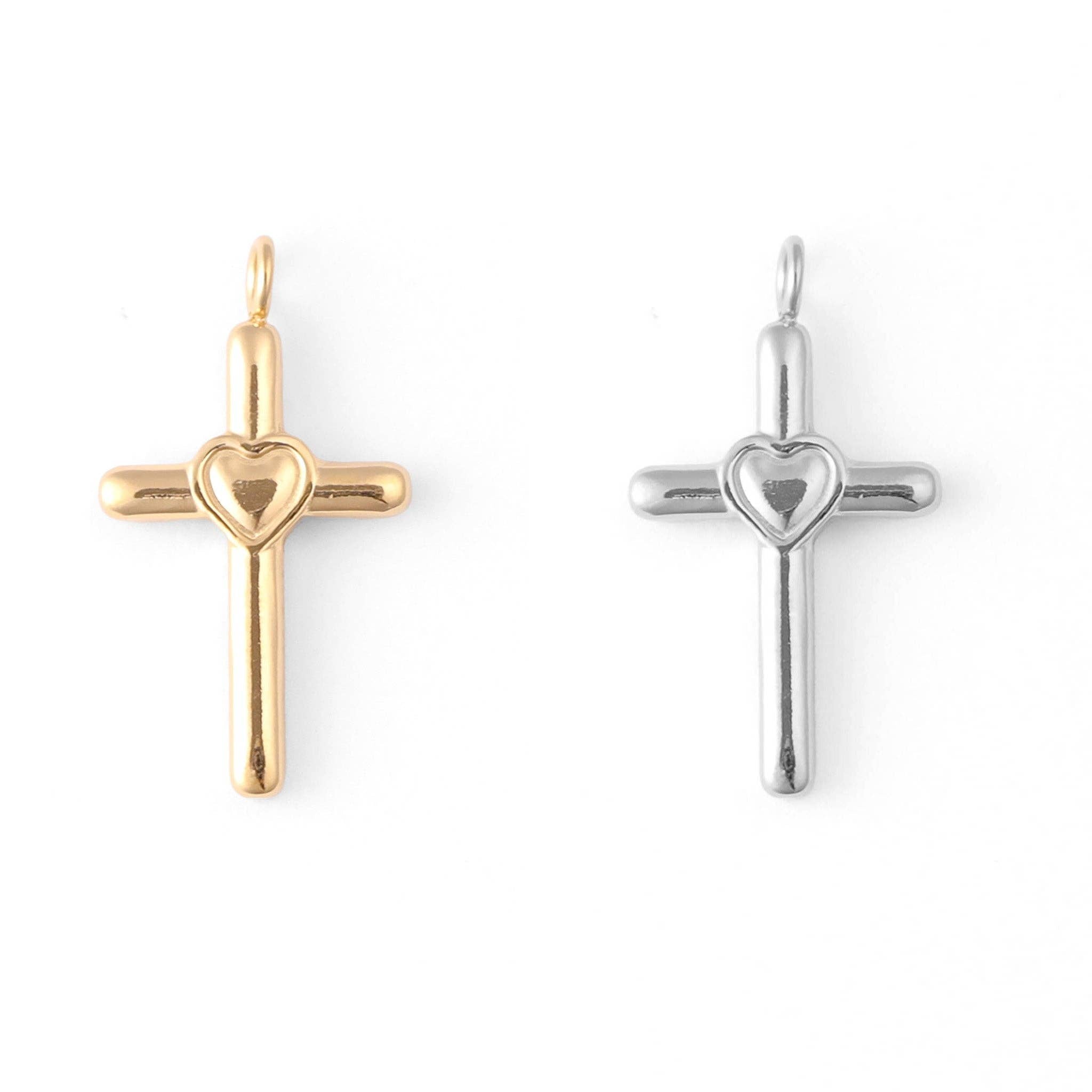 18K Gold PVD Stainless Steel Cross with Heart Charm: Gold