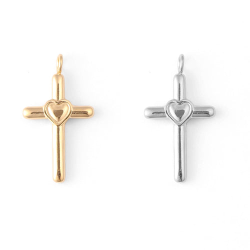 18K Gold PVD Stainless Steel Cross with Heart Charm: Gold