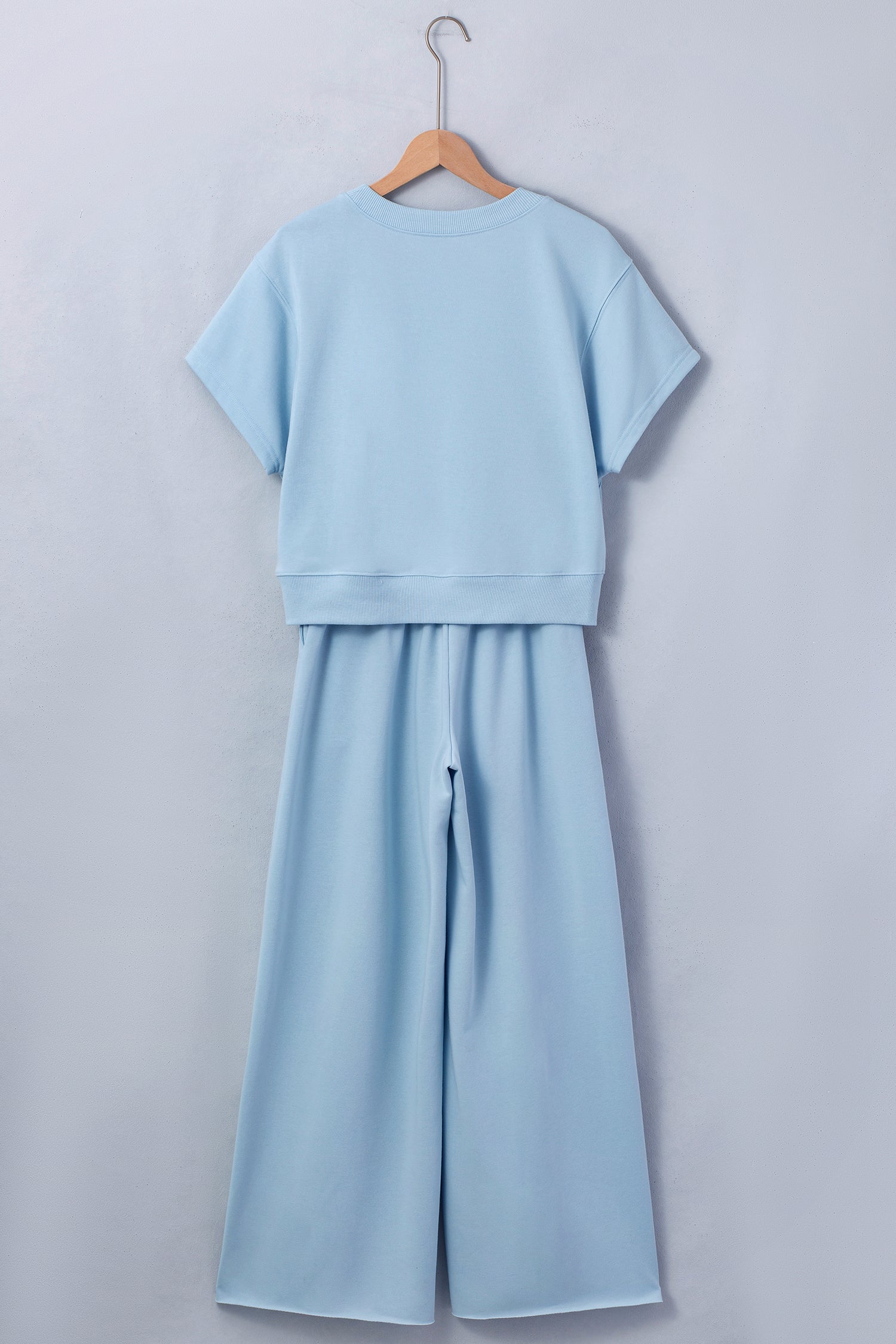 Mist Blue Loose Tee Drawstring Wide Leg Pants 2pcs Outfit