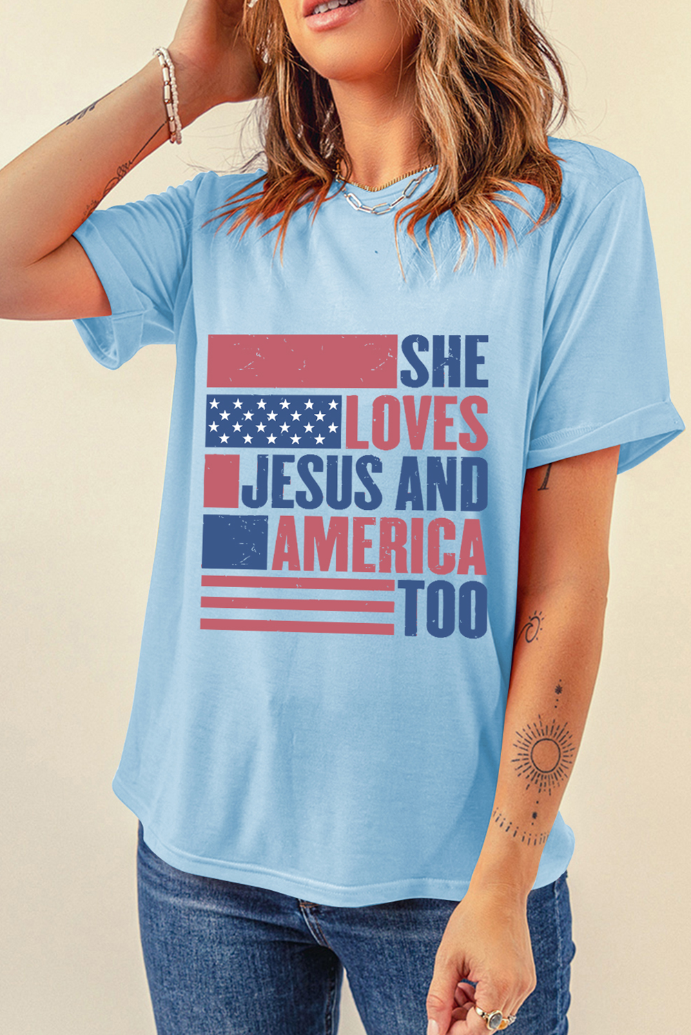 Light Blue AMERICA Patriotic T Shirt