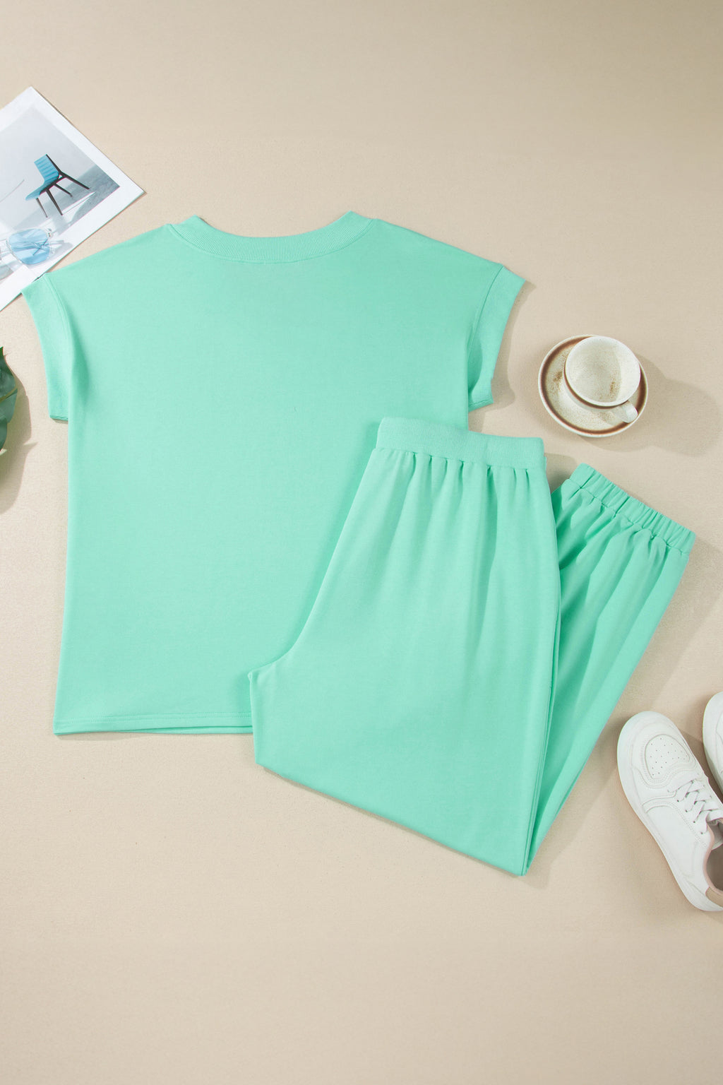 Mint Green V-Neck Tee and Drawstring Plus Size Pants Set