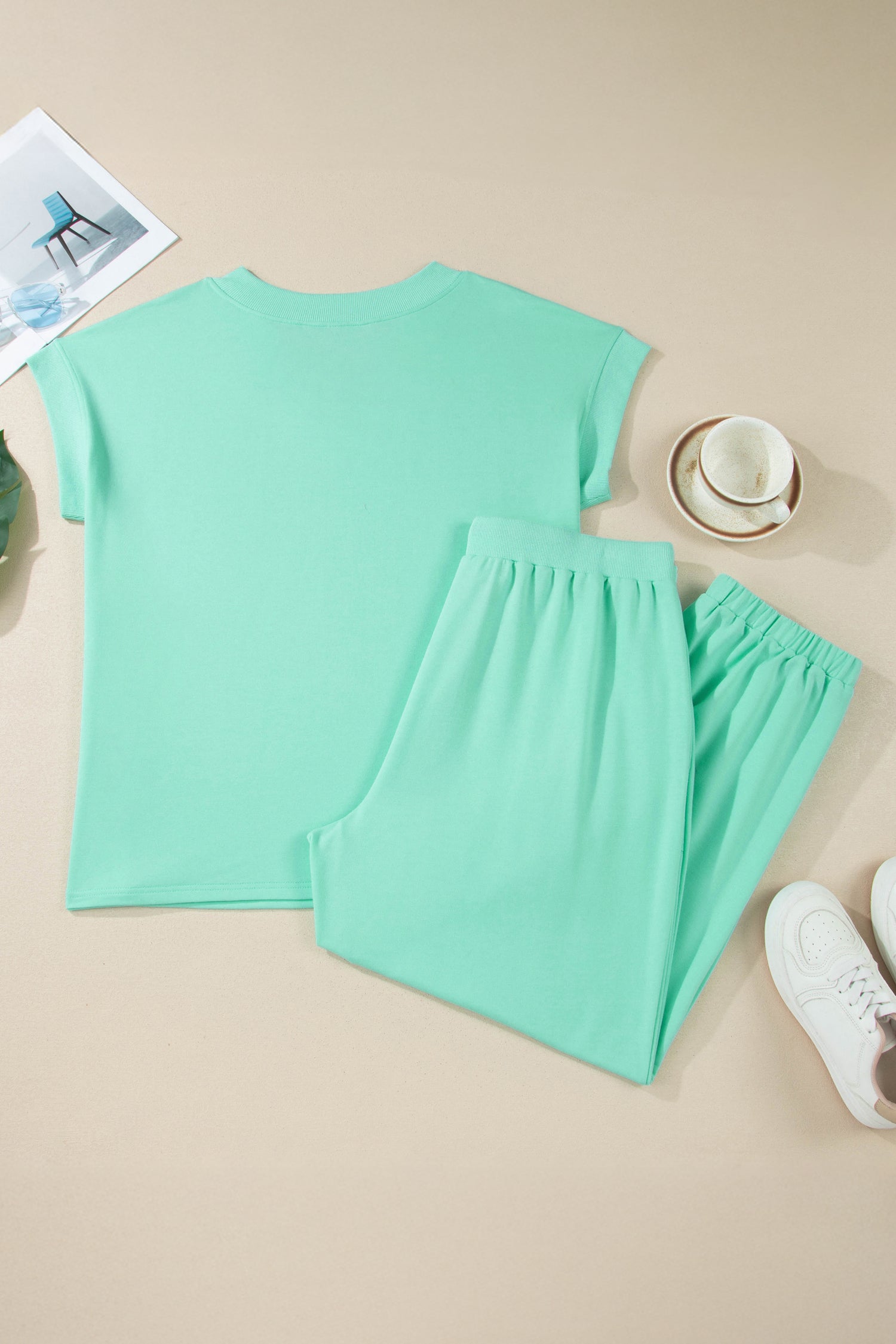 Mint Green V-Neck Tee and Drawstring Plus Size Pants Set